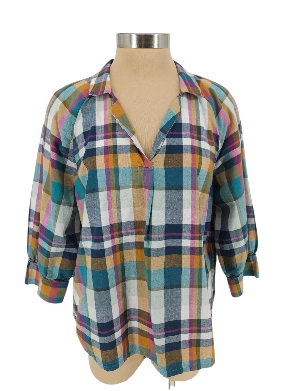 Seasalt Cornwall Bryn Shirt Plaid 3/4 Sleeve Collared VNeck Popover Top 10